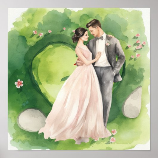 ゴルフ ウェディング ゴルフコースの花嫁と花婿 ポスター (正面)