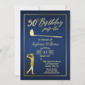 ゴルフ クラシック ブルー ゴールデン 女性 50歳の誕生日 招待状 (正面)