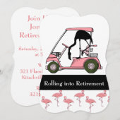 ゴルフ テーマの引退パーティー ゴルフ カート フラミンゴ 招待状 (正面/裏面)
