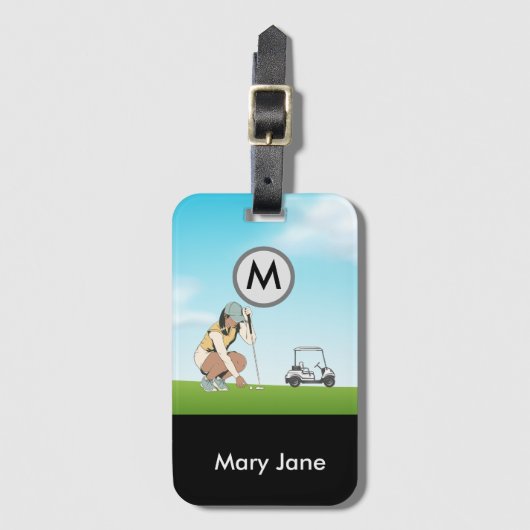 ゴルフ・レディー・ゴルファー、カート・モノグラム・ネーム付きホール ラゲッジタグ (正面縦)