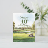 ゴルフ 40歳の誕生日 ゴルフカートと一緒にグリーンで ポストカード (スタンド正面)