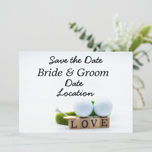 ゴルフ Save the Date ゴルフボールとティーに愛を込めて 招待状 (スタンド正面)