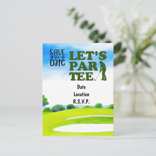 ゴルフLet Par Teeパーティー日付はがきを保存 ポストカード (スタンド正面)