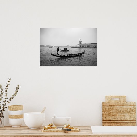 ゴンドラのヴェネツィアイタリア黒と白の風景 ポスター (キッチン)