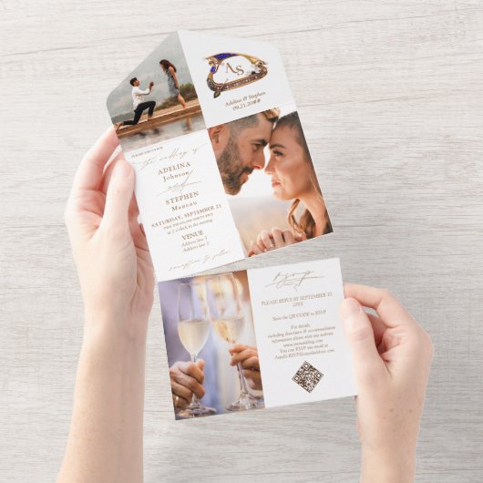 ゴンドラモノグラムクレスト3写真QRコード結婚ズ オールインワン招待状 (貼ってはがせる)