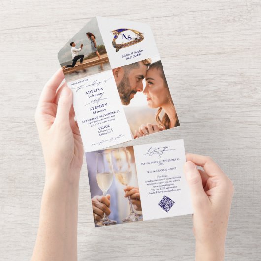 ゴンドラモノグラムクレスト3写真QRコード結婚Blu's オールインワン招待状 (貼ってはがせる)