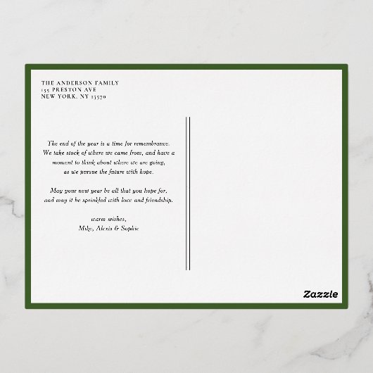 ゴーアッシュボクウッドリース新婚クリスマスフォト 箔シーズンポストカード (裏面)