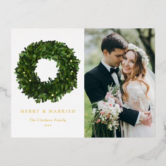 ゴーアッシュボクウッドリース新婚クリスマスフォト 箔シーズンポストカード (正面)