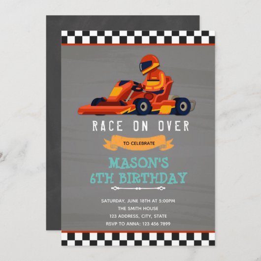 ゴーカートのレースカーの誕生日 招待状 (正面/裏面)