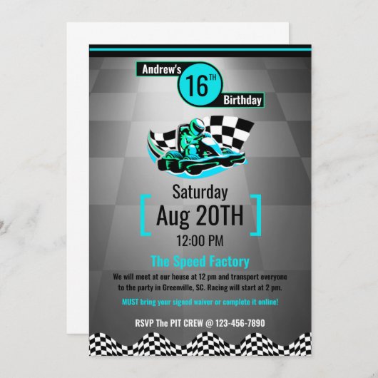 ゴーカートパーティー招待状 - 青いスピードレーサー 招待状 (正面/裏面)