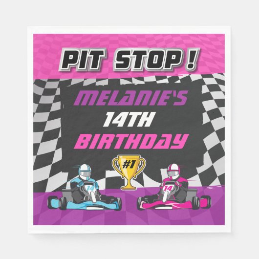 ゴーカート市松模様フラグ ガールズ誕生日 スタンダードランチョンナプキン (正面)