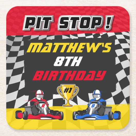 ゴーカート チェッカーフラグ 誕生日 スクエアペーパーコースター (正面)