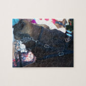 ゴーグルを付けたダークブラウンのアラビア馬 ジグソーパズル (横)