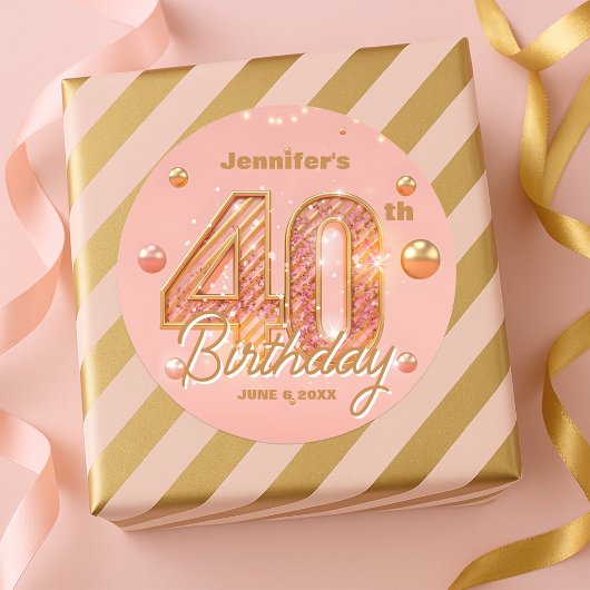 ゴージャスなおしゃれラメ入りローズゴールドの40歳の誕生日 ラウンドシール
