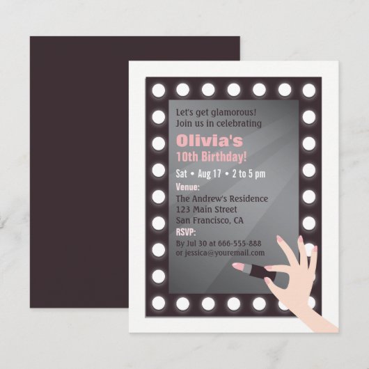 ゴージャスなお姫様のライトメイクアップ女子の誕生日パーティー 招待状 (正面/裏面)