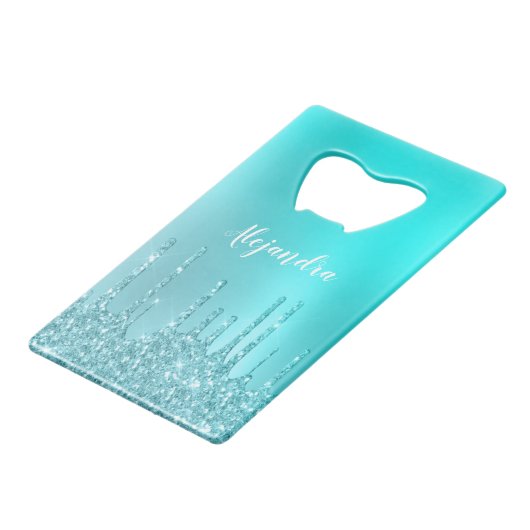 ゴージャスなアクアブルーミント&ターコイズグリッター クレジットカード栓抜き (正面アングル)