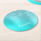 ゴージャスなアクアブルーミント&ターコイズグリッター ラウンドペーパーコースター (アングル)