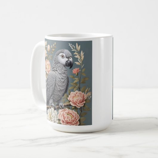 ゴージャスなアフリカ産の灰色の花模様付きエレガントオウム コーヒーマグカップ (正面左)