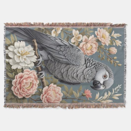 ゴージャスなアフリカ産の灰色の花模様付きエレガントオウム スローブランケット (正面)