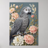 ゴージャスなアフリカ産の灰色の花模様付きエレガントオウム ポスター (正面)