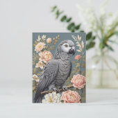 ゴージャスなアフリカ産の灰色の花模様付きエレガントオウム ポストカード (スタンド正面)