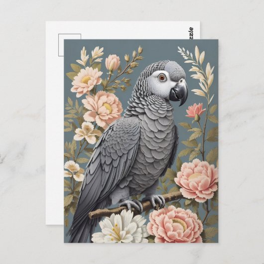 ゴージャスなアフリカ産の灰色の花模様付きエレガントオウム ポストカード (正面/裏面)