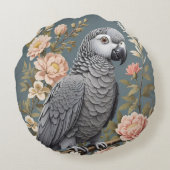 ゴージャスなアフリカ産の灰色の花模様付きエレガントオウム ラウンドクッション (裏面)