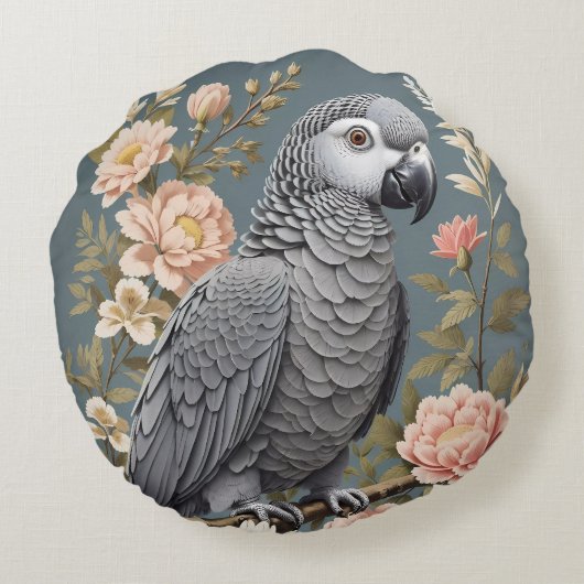 ゴージャスなアフリカ産の灰色の花模様付きエレガントオウム ラウンドクッション (裏面)