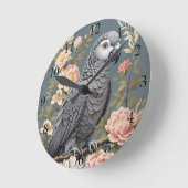 ゴージャスなアフリカ産の灰色の花模様付きエレガントオウム ラウンド壁時計 (傾斜)