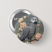 ゴージャスなアフリカ産の灰色の花模様付きエレガントオウム 缶バッジ (正面&裏面)