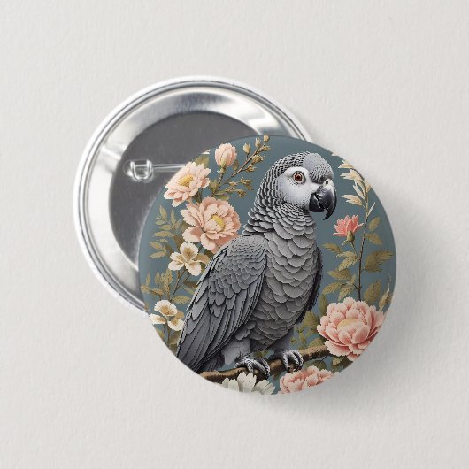 ゴージャスなアフリカ産の灰色の花模様付きエレガントオウム 缶バッジ (正面&裏面)