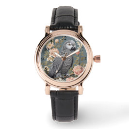 ゴージャスなアフリカ産の灰色の花模様付きエレガントオウム 腕時計