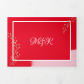 ゴージャスなクリスマス ローズゴールドの花飾り 赤いウェディング 三つ折り招待状 (カバー)