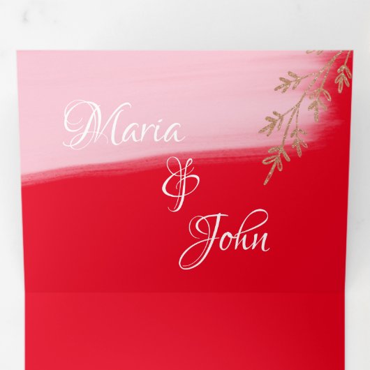 ゴージャスなクリスマス ローズゴールドの花飾り 赤いウェディング 三つ折り招待状 (内部最初)