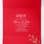 ゴージャスなクリスマス ローズゴールドの花飾り 赤いウェディング 三つ折り招待状 (内部中)