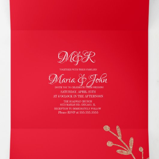 ゴージャスなクリスマス ローズゴールドの花飾り 赤いウェディング 三つ折り招待状 (内部中)