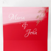 ゴージャスなクリスマス ローズゴールドの花飾り 赤い結婚式 三つ折り招待状 (内部最初)