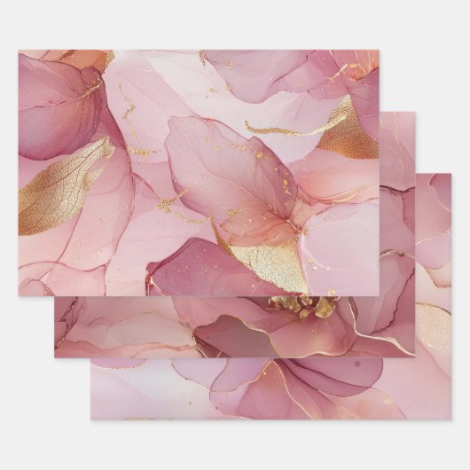ゴージャスなグリッターゴールドの葉のフレッシュピンクのブライダルシャワー ラッピングペーパーシート (セット)