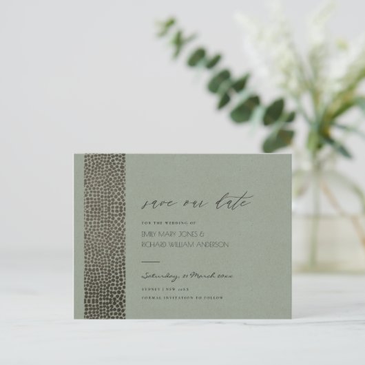 ゴージャスなコッパーシルバーのドットモザイク Save the Date 案内ポストカード (スタンド正面)