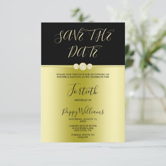 ゴージャスなゴールドとブラックのエレガントなダイヤモンド 40歳の誕生日 セーブザデート (スタンド正面)