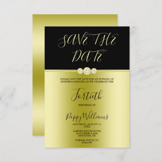 ゴージャスなゴールドとブラックのエレガントなダイヤモンド 40歳の誕生日 セーブザデート (正面/裏面)