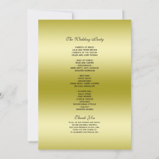 ゴージャスなゴールドのリボンとブラックグリッターの結婚式プログラム 招待状 (裏面)