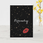 ゴージャスなゴールドの星たちと赤い口紅のキス カード (黄色い花)