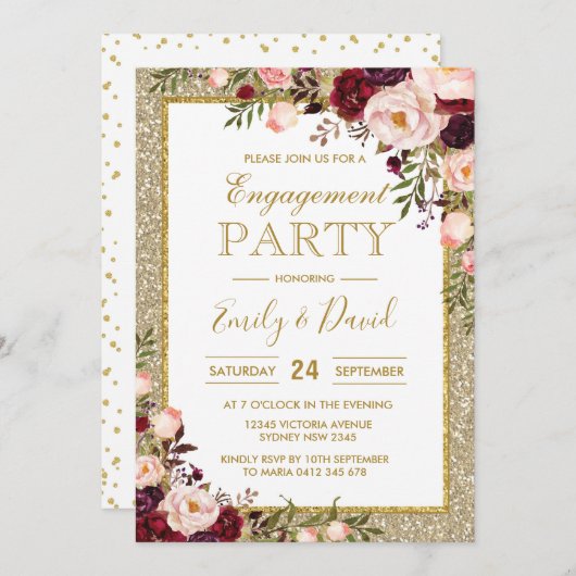 ゴージャスなゴールドグリッターエンゲージメントパーティー招待状
美しいバーガンディとピンクの水彩ロ 招待状 (正面/裏面)