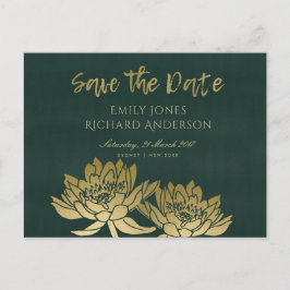 ゴージャスなゴールドグリーンの蓮の花のフラワーデザインの「Save the Date」カード 案内ポストカード