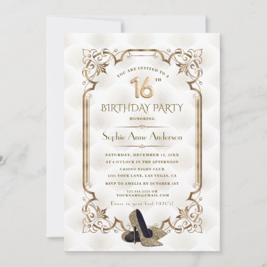 ゴージャスなゴールドホワイトのアートデコ スイート16の誕生日 招待状 (正面)