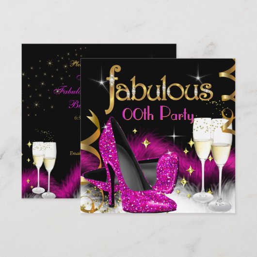 ゴージャスなシャンパンパーティーのキラキラピンクのハイヒール 招待状 (正面/裏面)