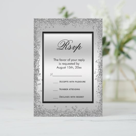 ゴージャスなシルバー&ブラックの25周年結婚記念日 出欠カード (スタンド正面)