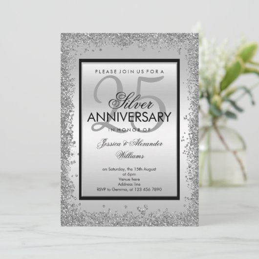 ゴージャスなシルバー&ブラックの25周年結婚記念日 招待状 (スタンド正面)