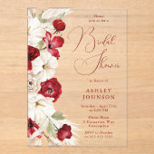 ゴージャスなスクリプトレッド&ホワイトフローラブライダルシャワー アクリル招待状 (正面)